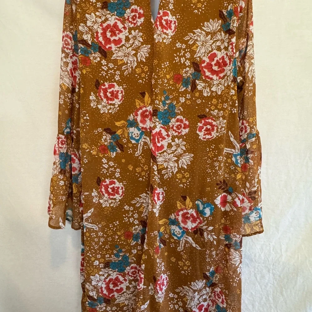 E-187 Charlotte Russe PLUS SIZE 1X Tan Red & Teal Long Bell Sleeve MIDI Dress - Picture 7 of 14